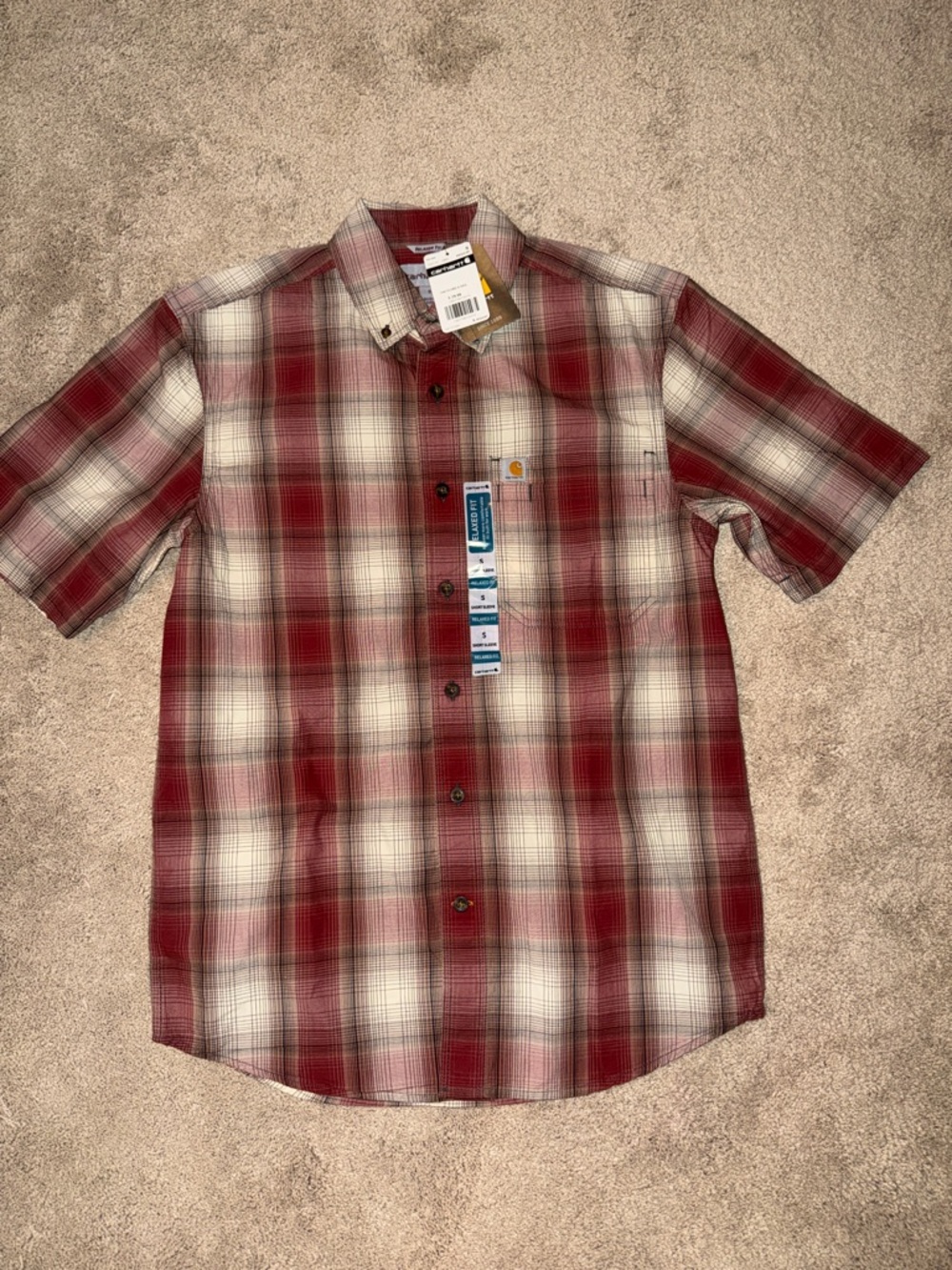 Carhartt Red and White Plaid Short-Sleeve Button-Down Shirt